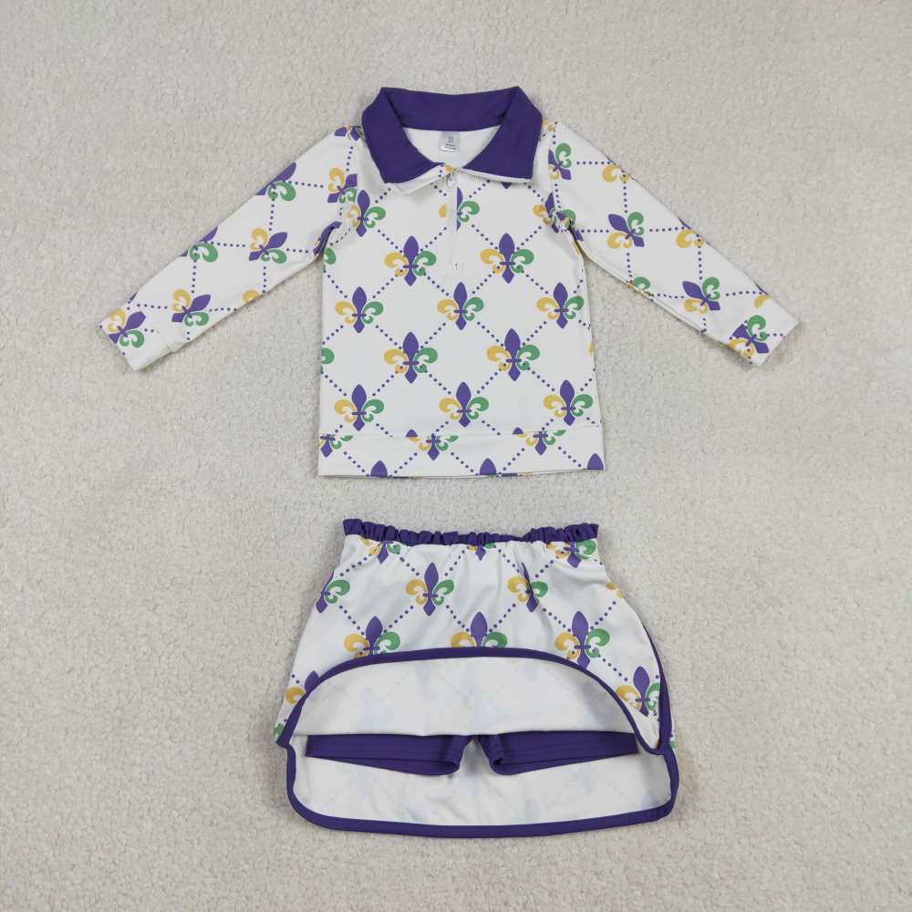GLD1360 RTS Purple yellow green  mardi gras polka plaid girl yoga pullover skirt