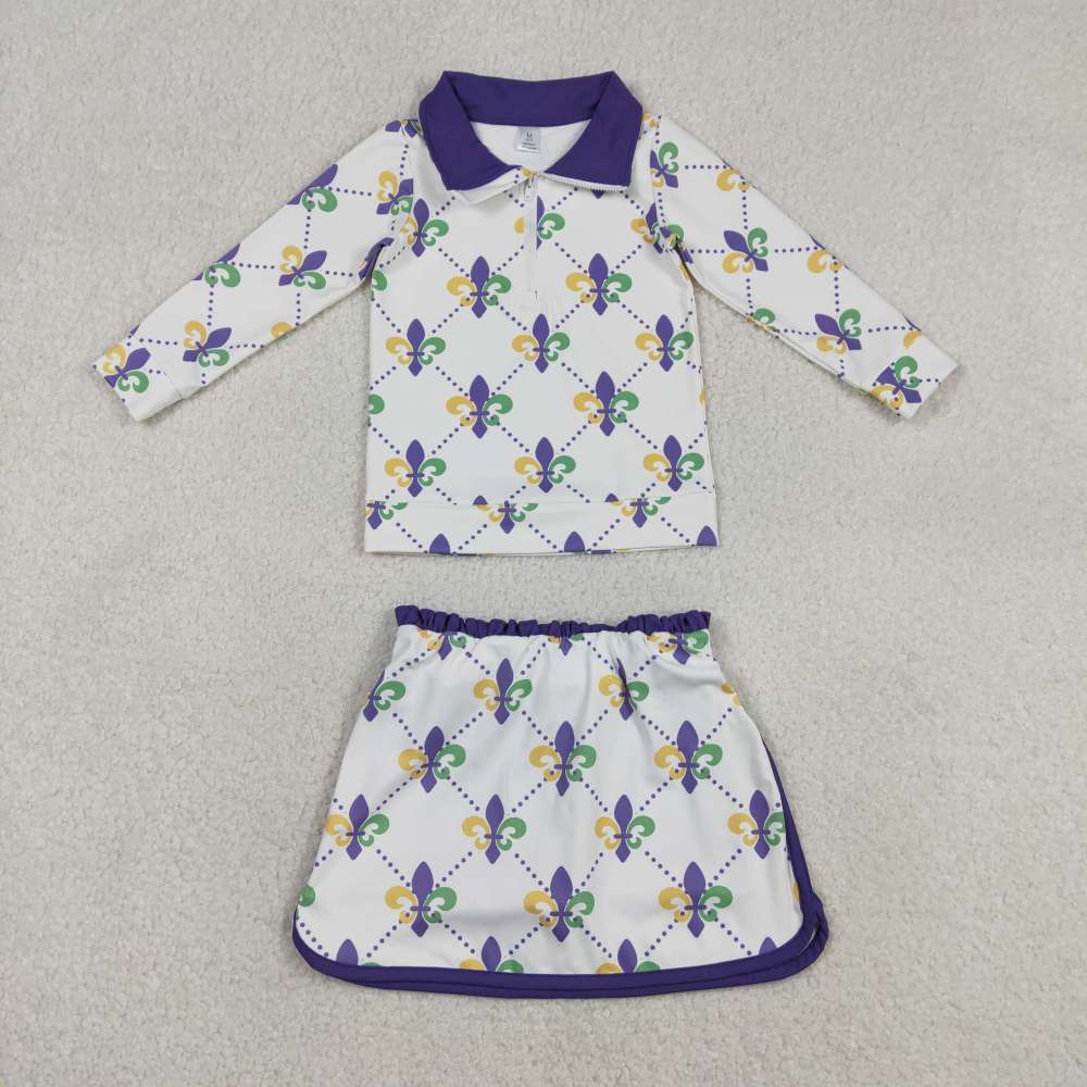 GLD1360 RTS Purple yellow green  mardi gras polka plaid girl yoga pullover skirt