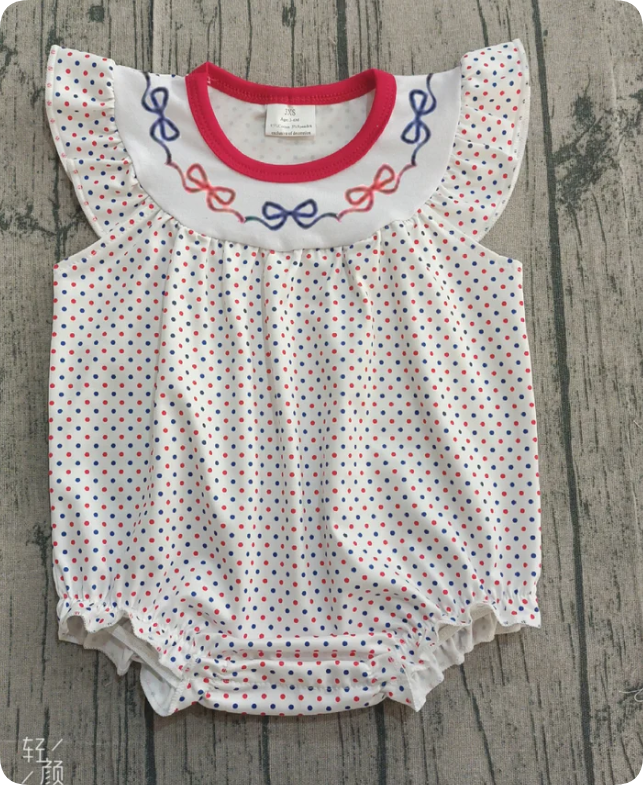 Embroidery Bows Baby Girls Blue Red Polka Dots 4th of July Ruffle Rompers Preorder