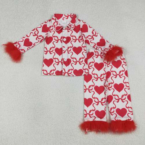 GLP3221 red Heart bows print girl long sleeve fur Valentine's pajamas