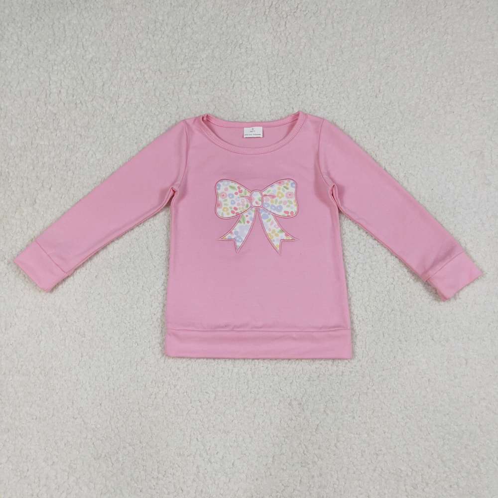GT1537 Pink floral bows embroidery girl long sleeve top