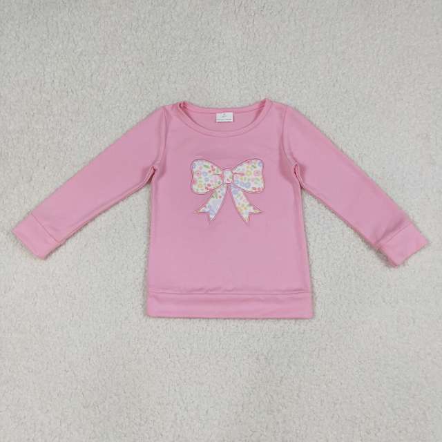 GT1537 Pink floral bows embroidery girl long sleeve top