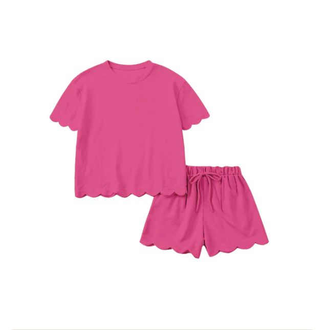 Adult Women Hot Pink Shorts Sleeve Shirts Top Scallop Short Clothes Sets Preorder