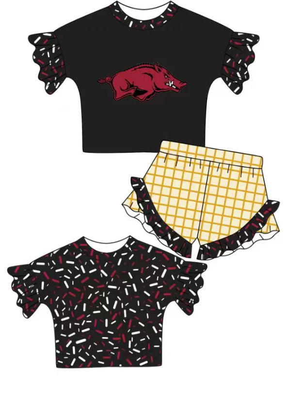(moq 5)Baby Girls Black Sprinkles Bulls Top Checked Ruffle Shorts Team Clothes Set