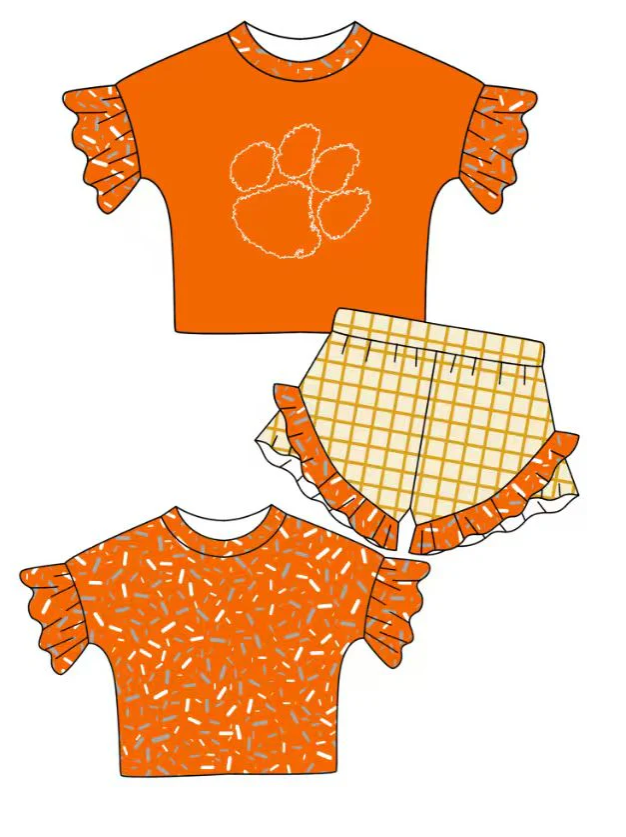 (moq 5)Baby Girls Orange Sprinkles Pawls Tiger Top Checked Ruffle Shorts Team Clothes Set