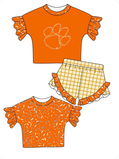 (moq 5)Baby Girls Orange Sprinkles Pawls Tiger Top Checked Ruffle Shorts Team Clothes Set