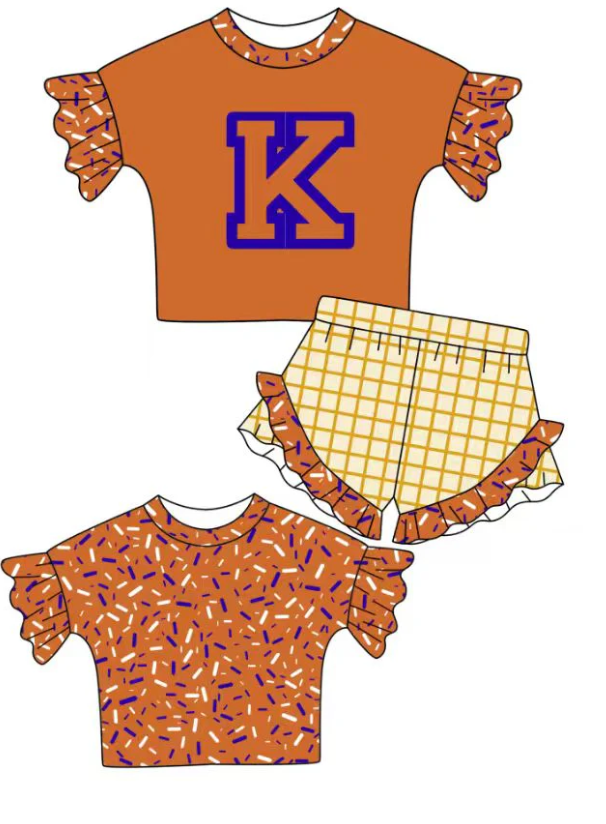 (moq 5)Baby Girls Orange Back Sprinkles K Top Checked Ruffle Shorts Team Clothes Set