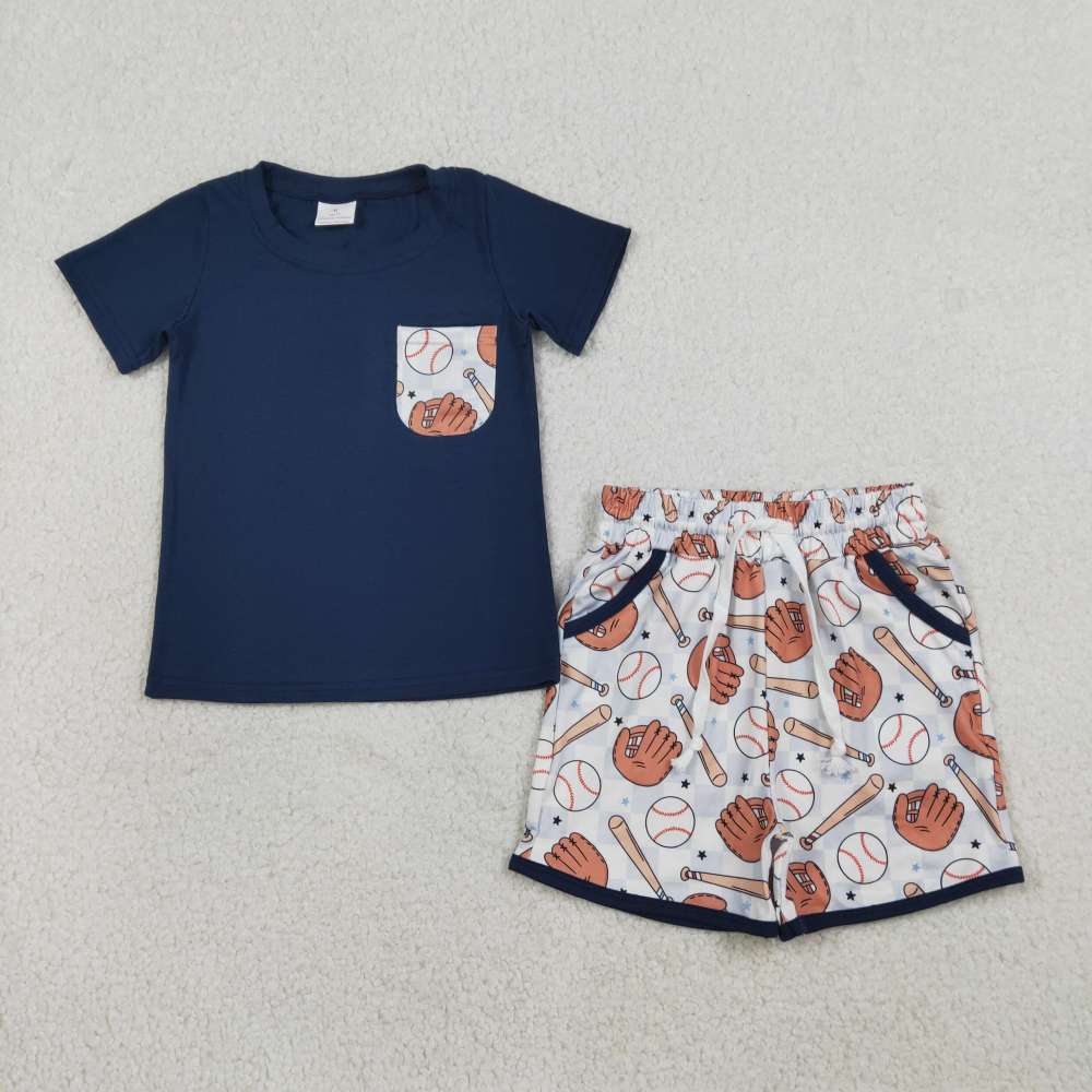 BSSO1669 RTS Navy baseball short sleeve boy outfits