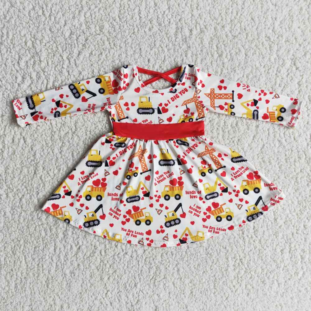 6 A29-14 I love you truck load valentine's day print long sleeve dress
