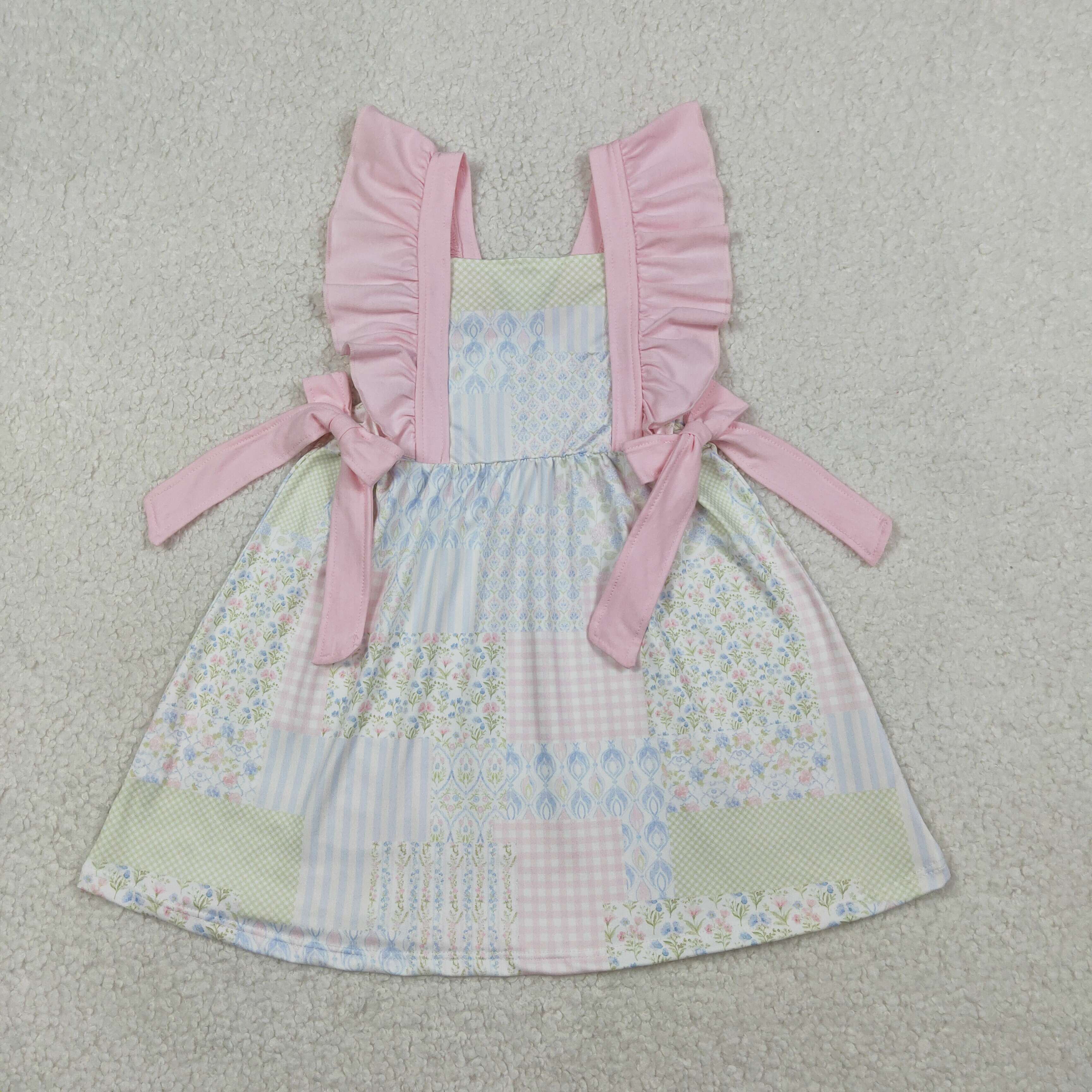 GSD3249 Pink flowers stripe pink bows dress