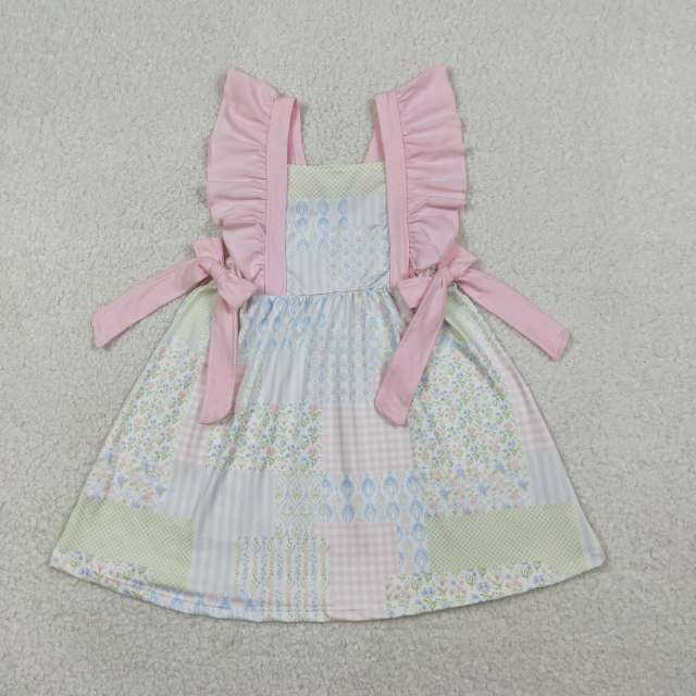 GSD3249 Pink flowers stripe pink bows dress