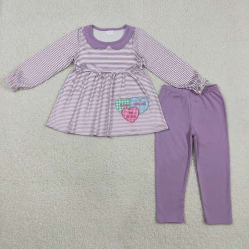 GLP3262 Purple stripe valentine's heart embroidery girl outfits