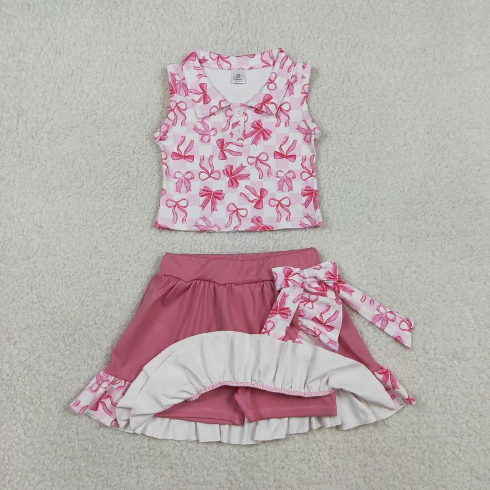 GSD3480  RTS Pink bows  girl yoga sleeveless skirt set