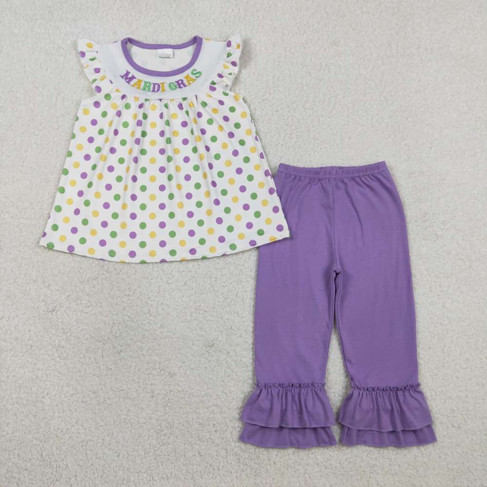 GSPO2205 mardi gras embroidery purple green yellow polka girl outfits