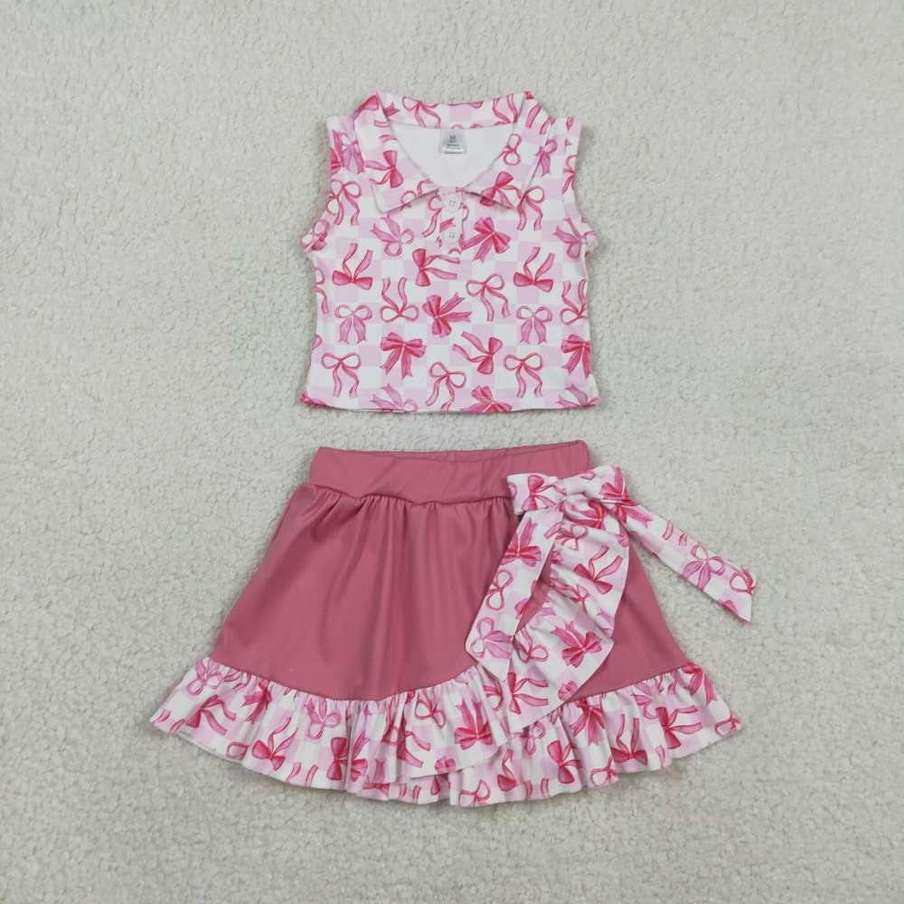 GSD3480  RTS Pink bows  girl yoga sleeveless skirt set