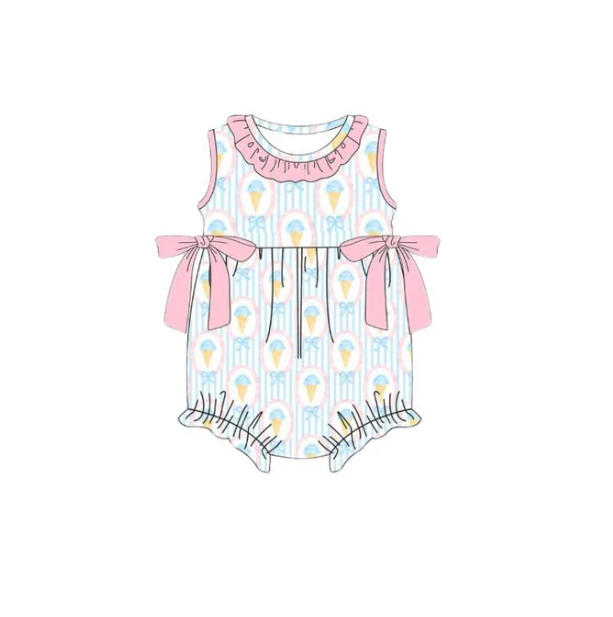 Baby Girls Sleeveless Blue Stripe Bows Ice Creams Collar Ruffle Rompers Preorder