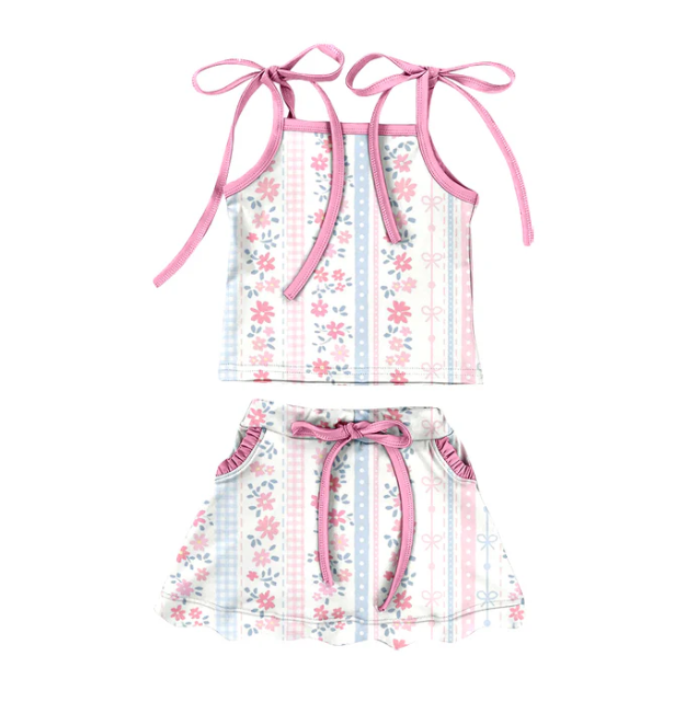 Custom (moq 5) Baby Girls Bow Flowers Stripe Top Pockets Scallop Skirt Shorts Swimsuits Clothes Set