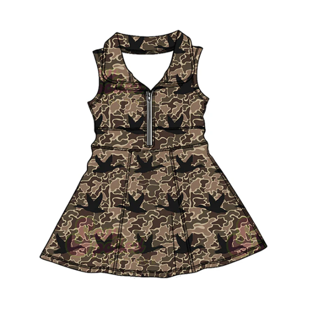 Custom (moq 5)Baby Girls Southern Brown Camo Ducks Hunting Zipper Knee Length Dress