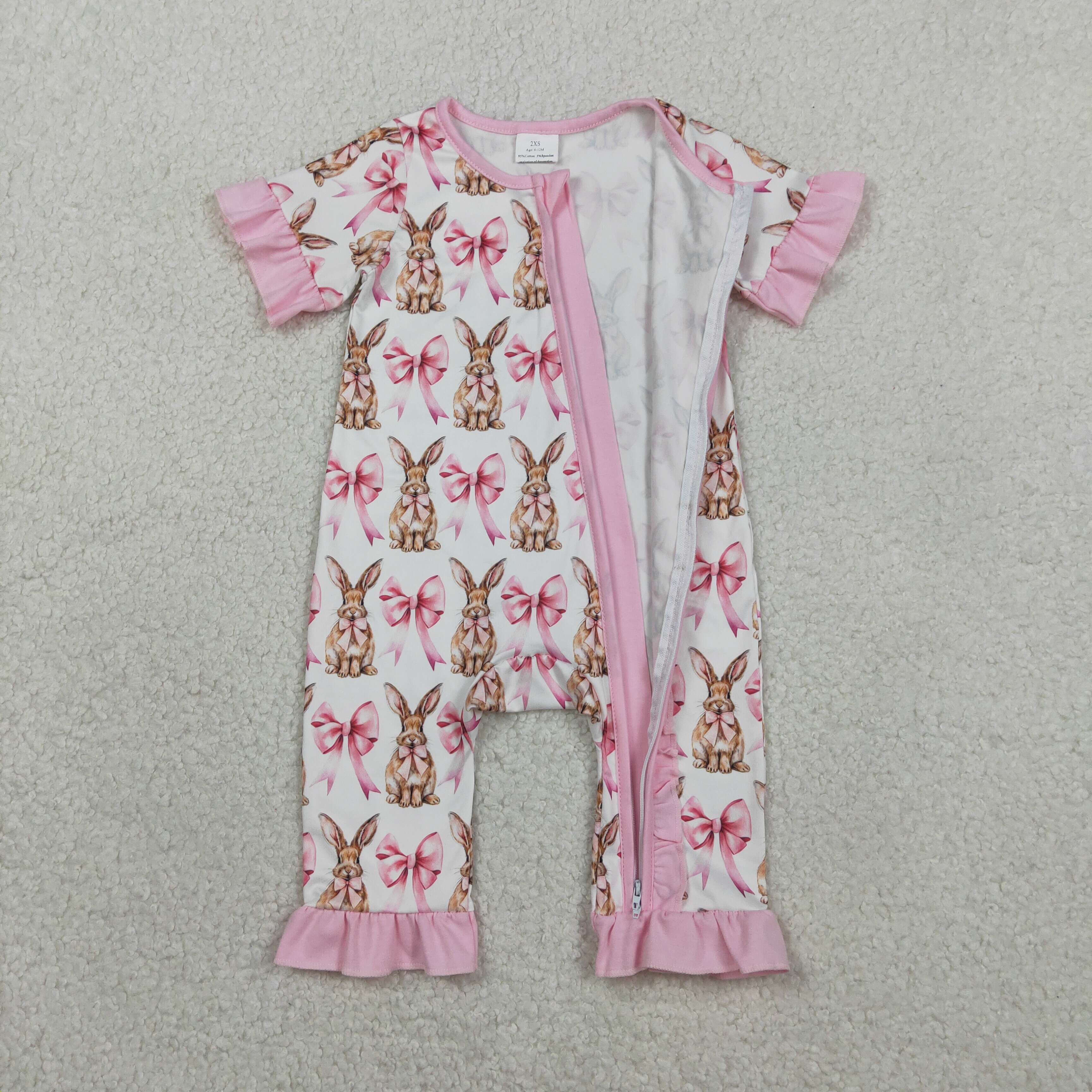 SR2020  RTS Pink Bows easter rabbit baby girl romper