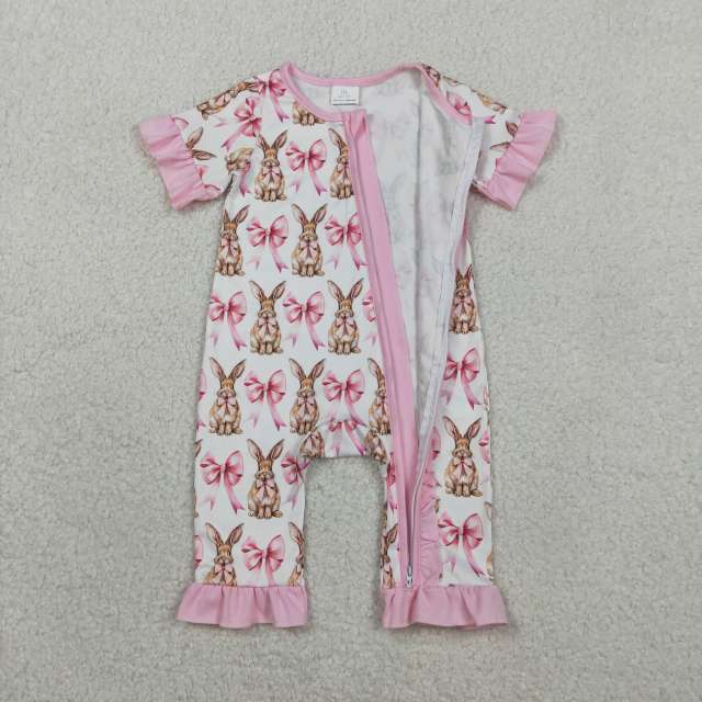 SR2020  RTS Pink Bows easter rabbit baby girl romper