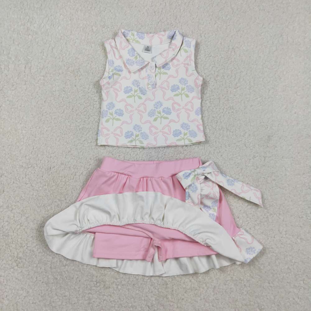 GSD3478  RTS Pink bows Blue flowers  girl yoga sleeveless skirt set