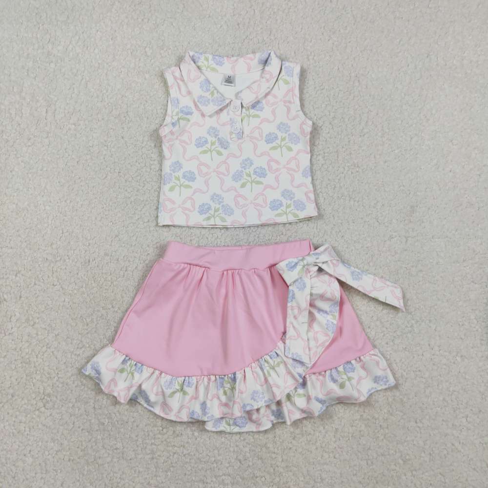 GSD3478  RTS Pink bows Blue flowers  girl yoga sleeveless skirt set