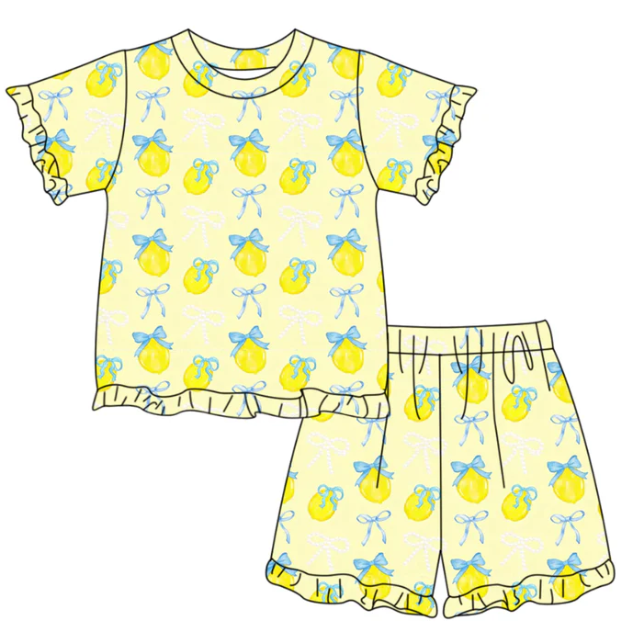 Baby Girls Bows Lemons Top Ruffle Shorts Pajamas Clothes Sets Preorder