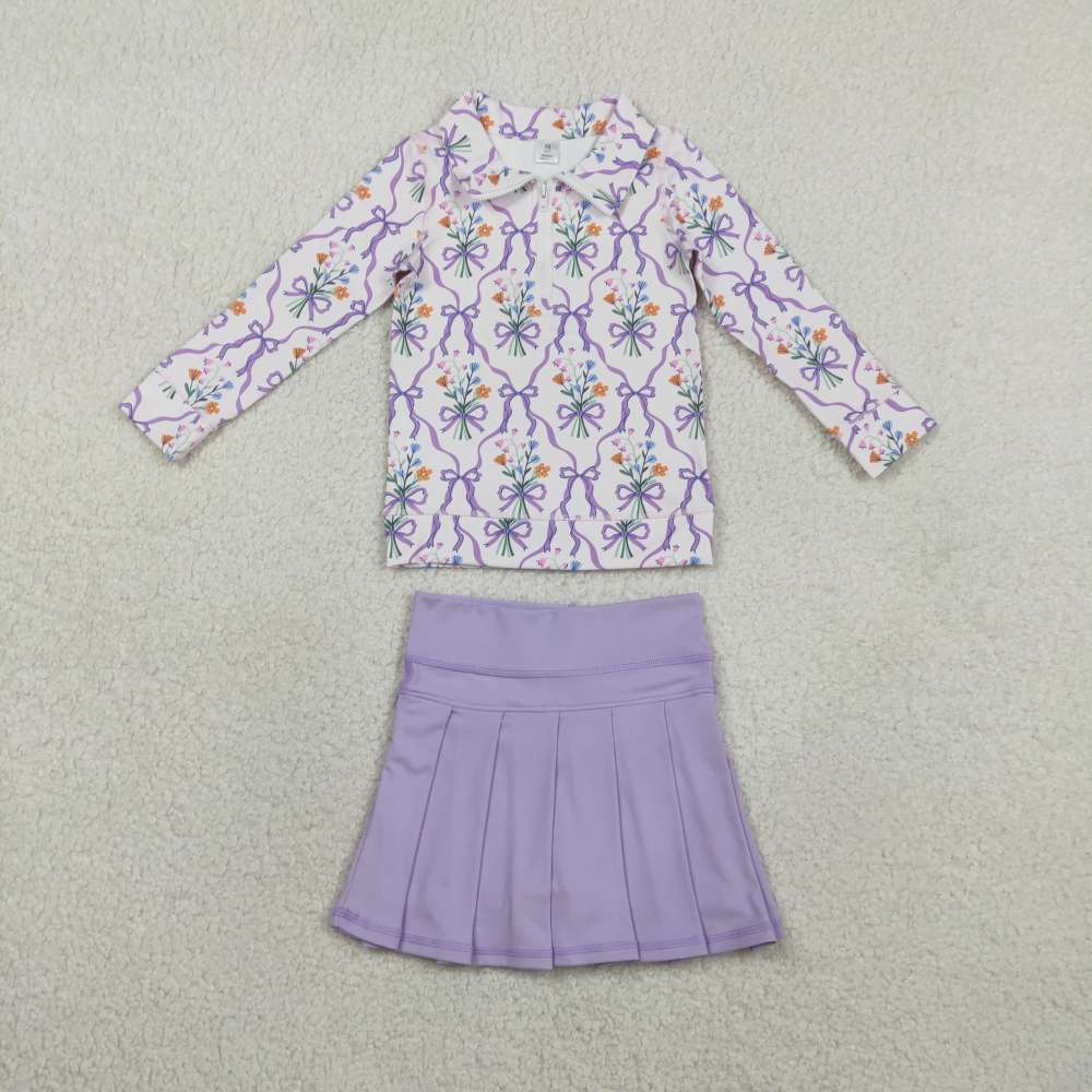 GLD1416   RTS  Purple bows  flowers  girl yoga long sleeve skirt set