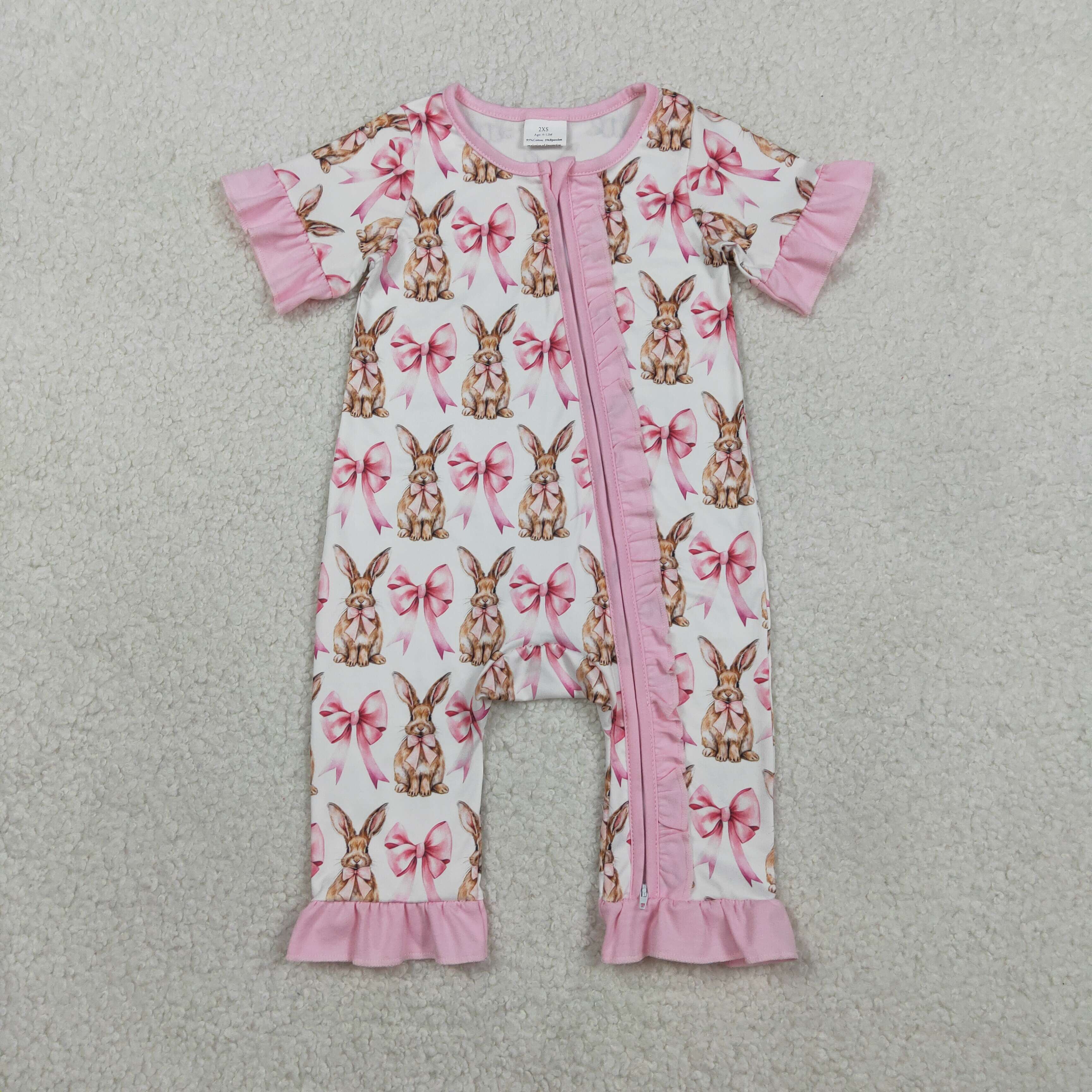 SR2020  RTS Pink Bows easter rabbit baby girl romper