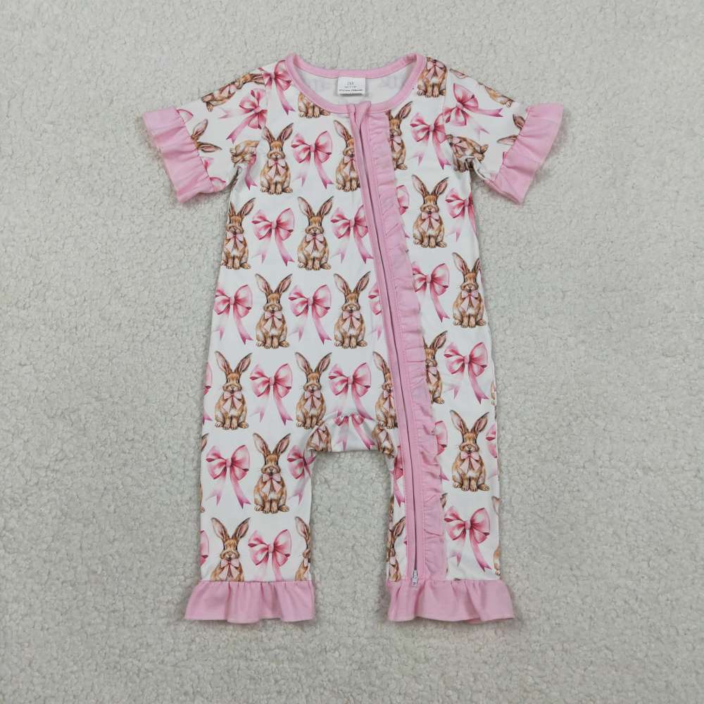 SR2020  RTS Pink Bows easter rabbit baby girl romper