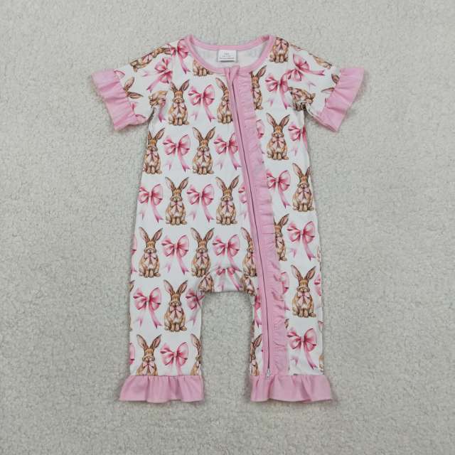 SR2020  RTS Pink Bows easter rabbit baby girl romper