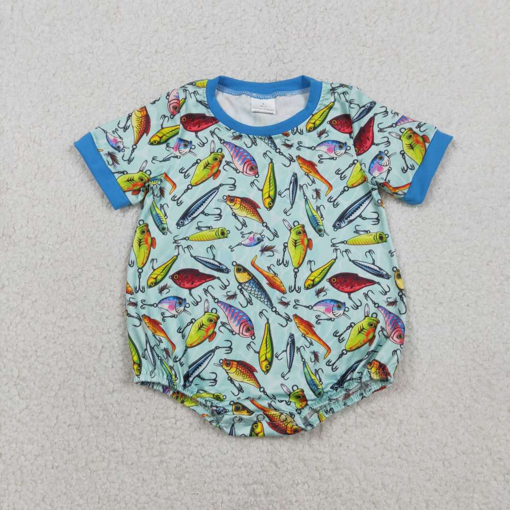 SR3824 RTS blue fishing  baby girl short sleeve romper