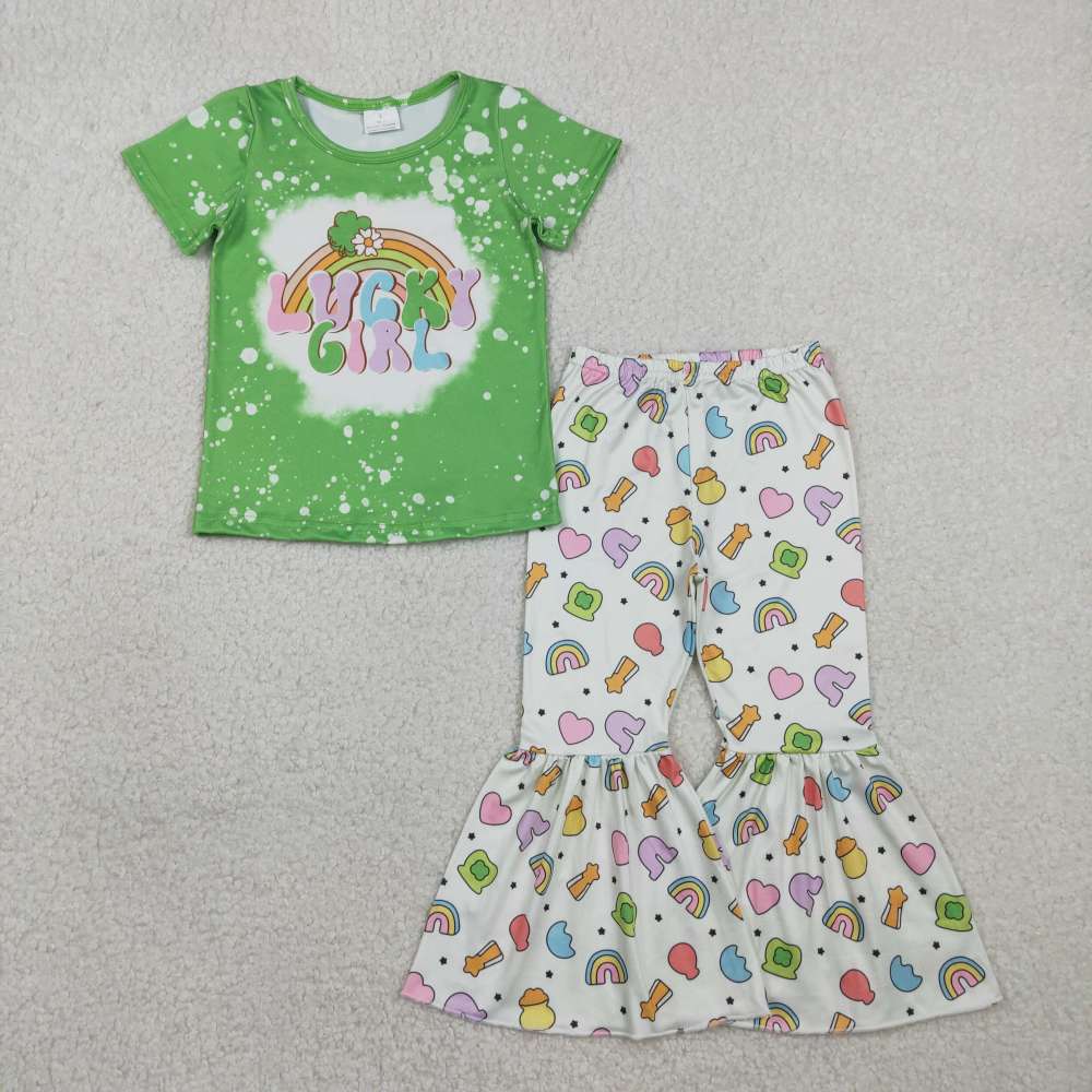 GSPO2101  Green leaves lucky Girl rainbows short sleeve girl outfits