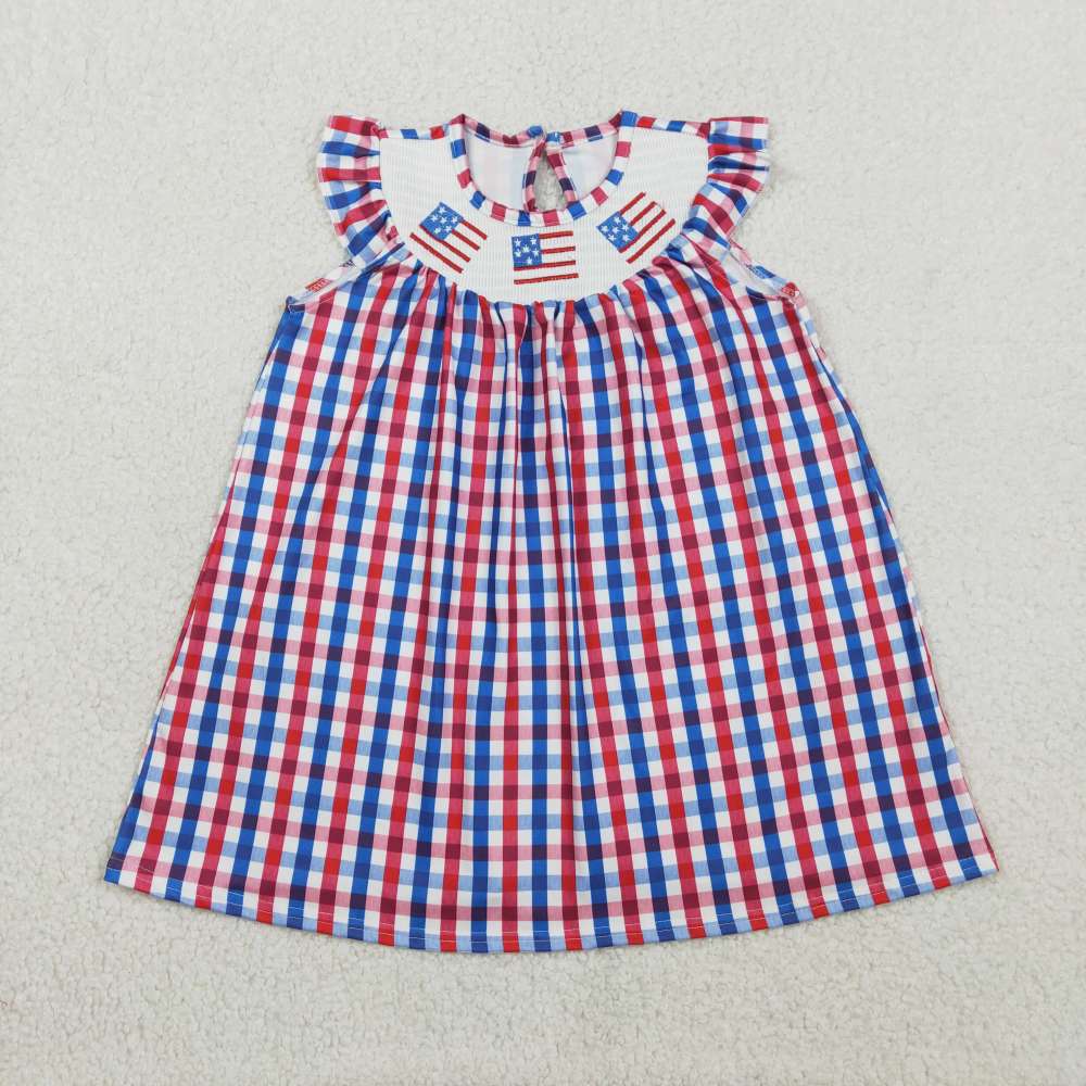 GSD3506  RTS red blue plaid 4th of july flag smock girl shorts dress