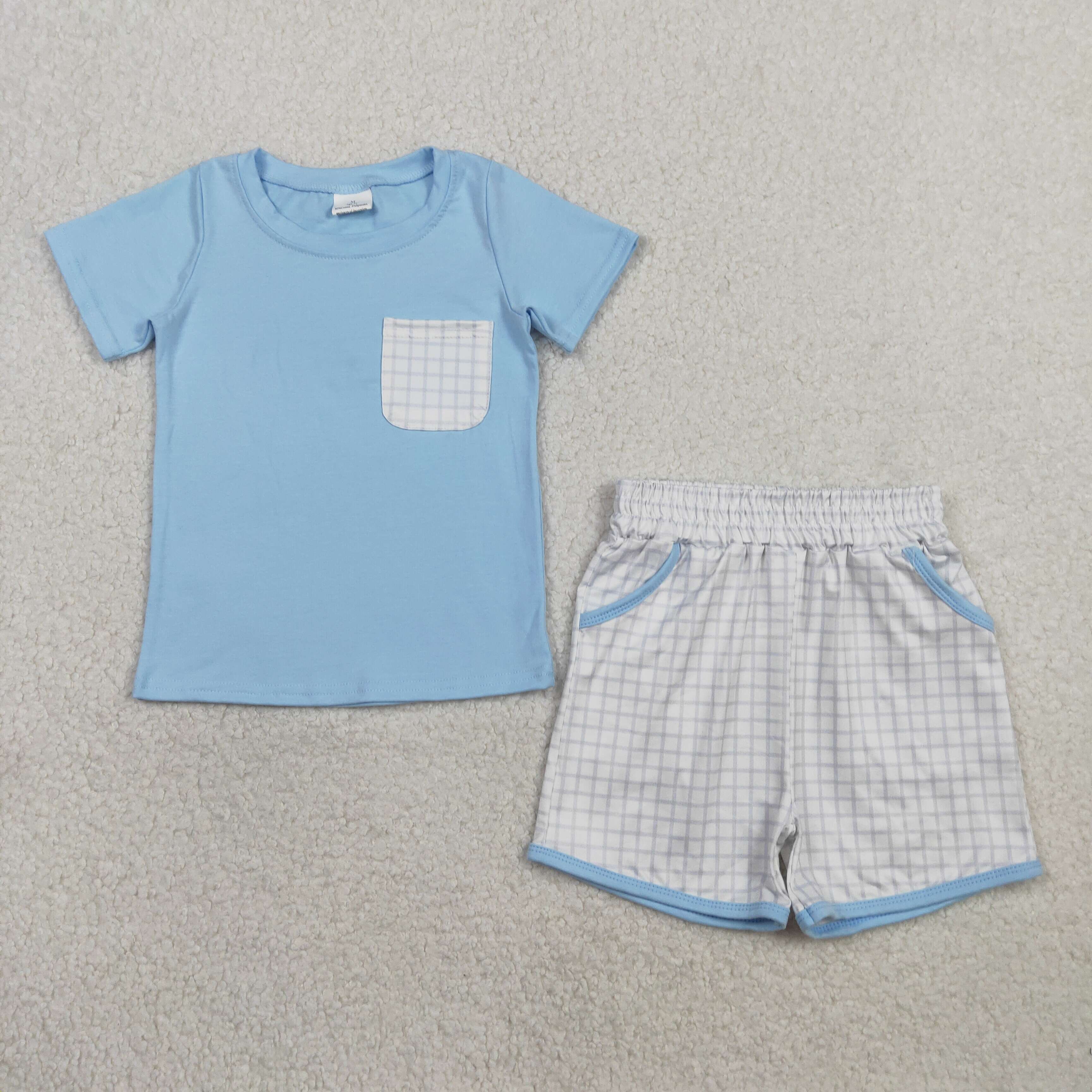 BSSO1762 RTS Blue solid short sleeve boy outfits