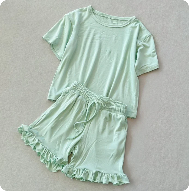 Baby Girls Short Sleeve Green Shirt Top Ruffle Short Clothes Set Preorder
