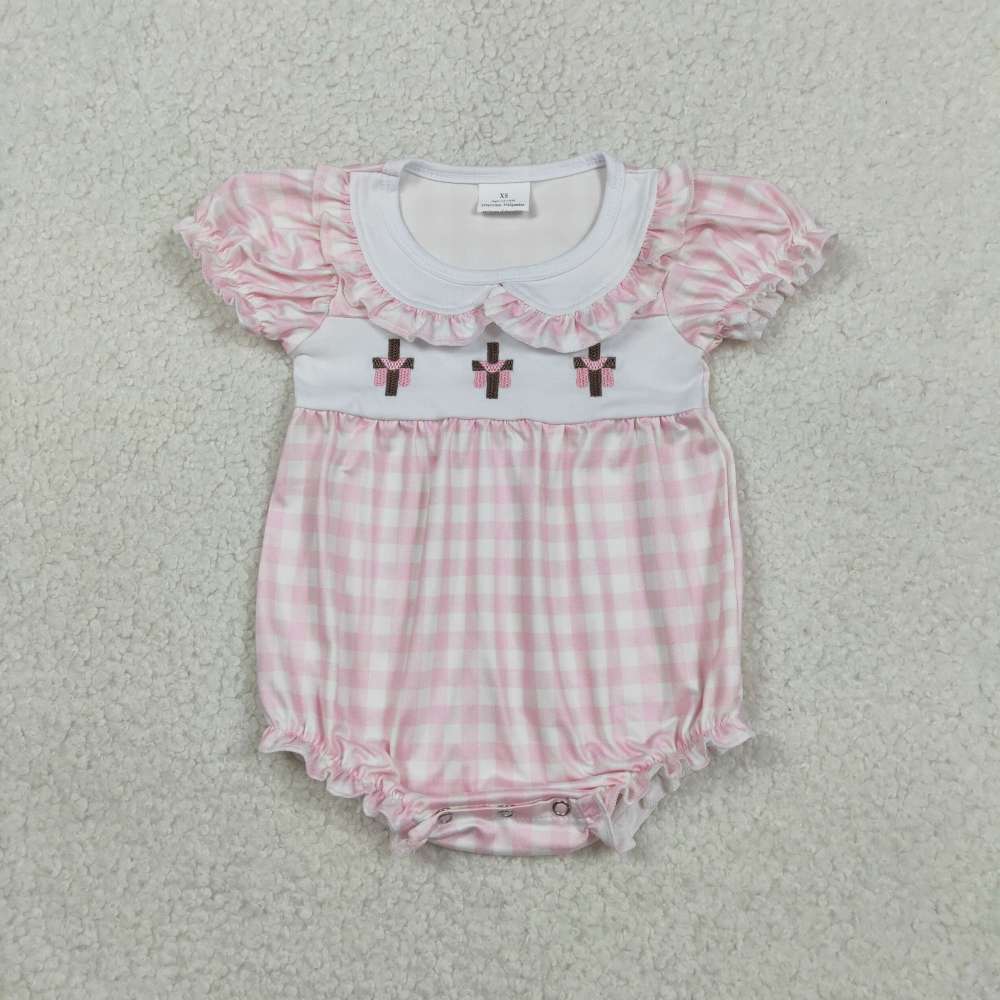 SR3756  RTS Pink Plaid cross bows baby girl short sleeve romper