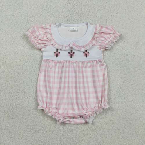 SR3756  RTS Pink Plaid cross bows baby girl short sleeve romper