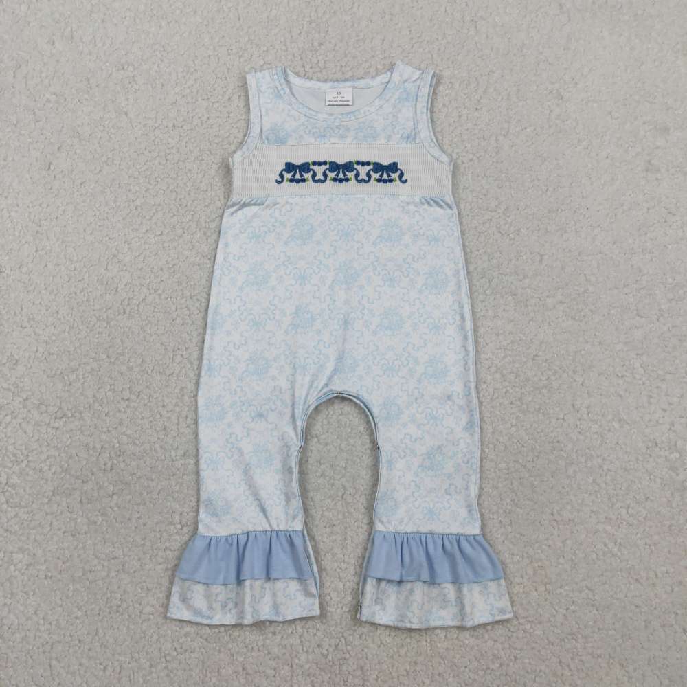 SR3843  RTS Blue flowers bows smock baby girl sleeveless romper