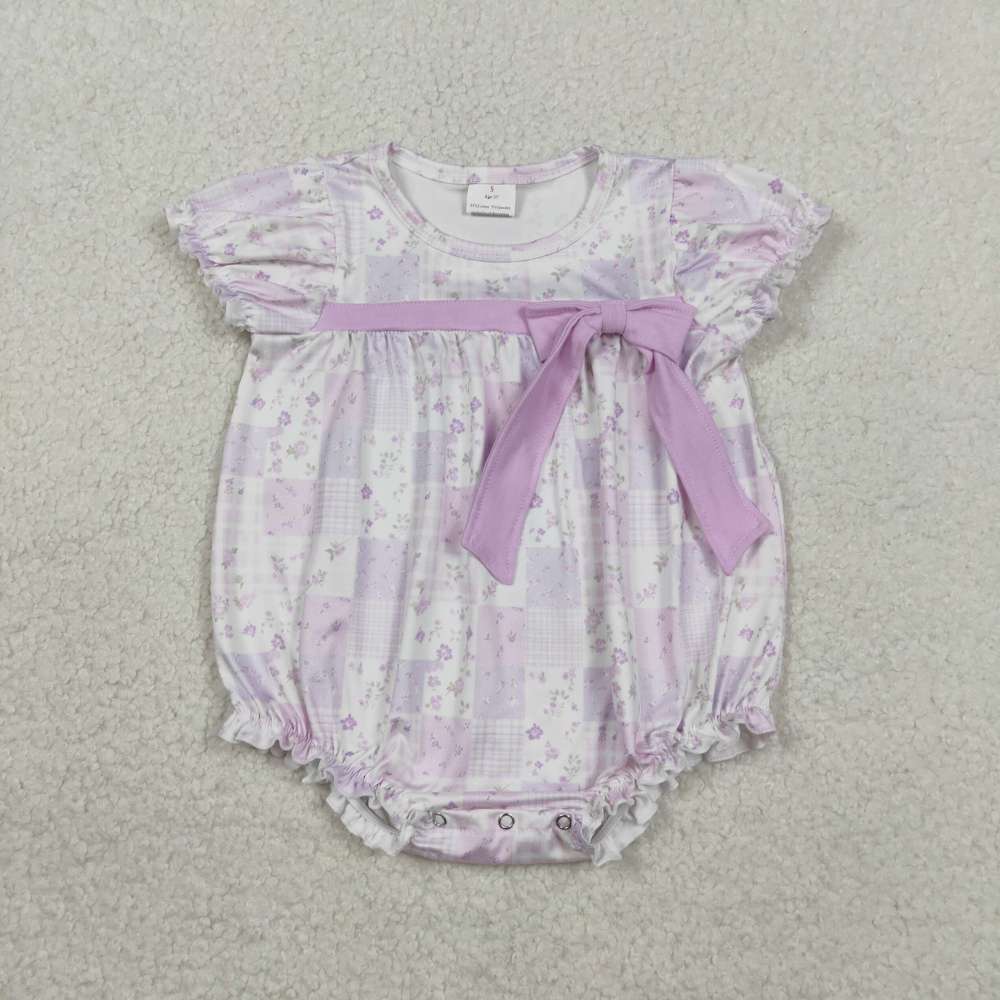 SR3730  RTS purple flowers plaid baby girl short sleeve romper
