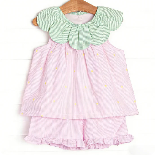 Baby Girls Collar Stripe Tunic Ruffle Shorts Clothes Sets Preorder