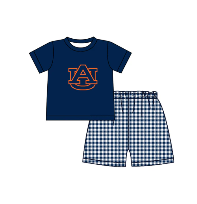 Custom  (moq 5)Baby Boys Navy Short Sleeve AU Top Checked Shorts Team Clothes Sets