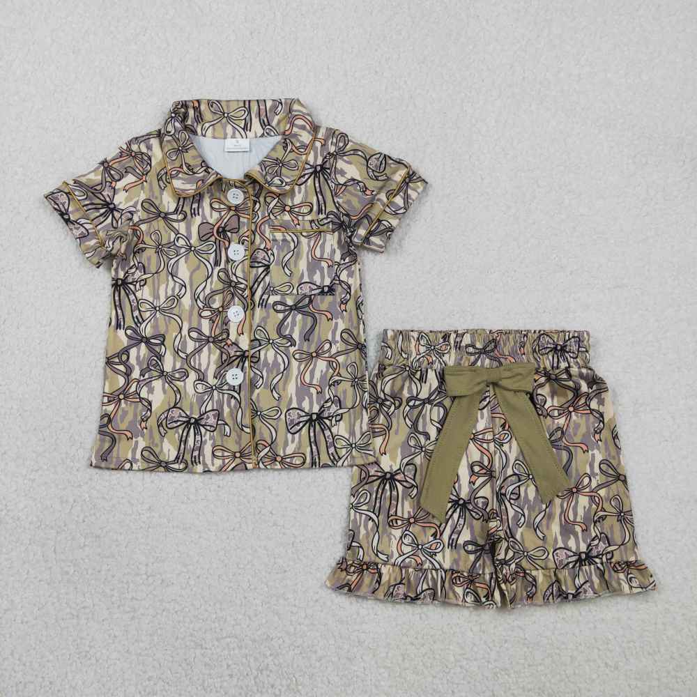 GSSO3126 green camo stripe bows  print short sleeve girl outfits