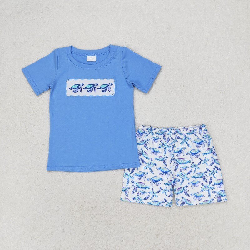US Warhouse BSSO0916 RTS Blue turtle embroidery boy short sleeve outfits