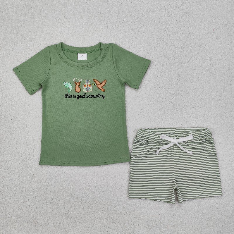 US Warhouse BSSO1108 RTS green this is god's country embroidery boy short sleeve outfits