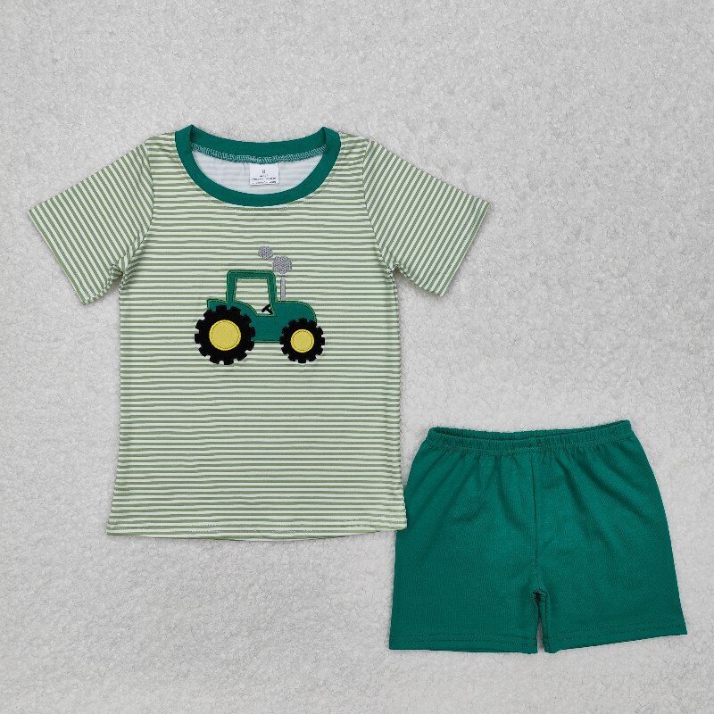 US Warhouse BSSO1184 RTS green stripe tractor embroidery boy short sleeve outfits