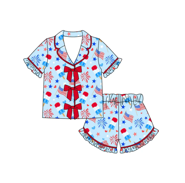 Baby Girls Popsicle Fireworks Button Top Ruffle Shorts 4th of July Pajamas Sets Preorder