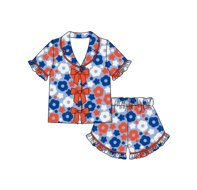 Baby Girls Flowers Button Top Ruffle Shorts 4th of July Pajamas Sets Preorder