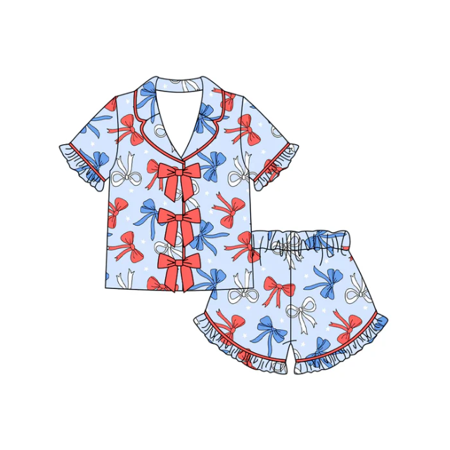 Baby Girls Bows Stars Button Top Ruffle Shorts 4th of July Pajamas Sets Preorder