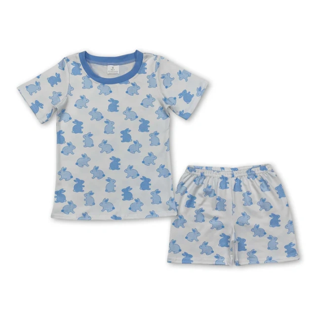 BSSO11RTS Blue plaid Easter Bunny embroidery short sleeve boy short sleeve  outfits